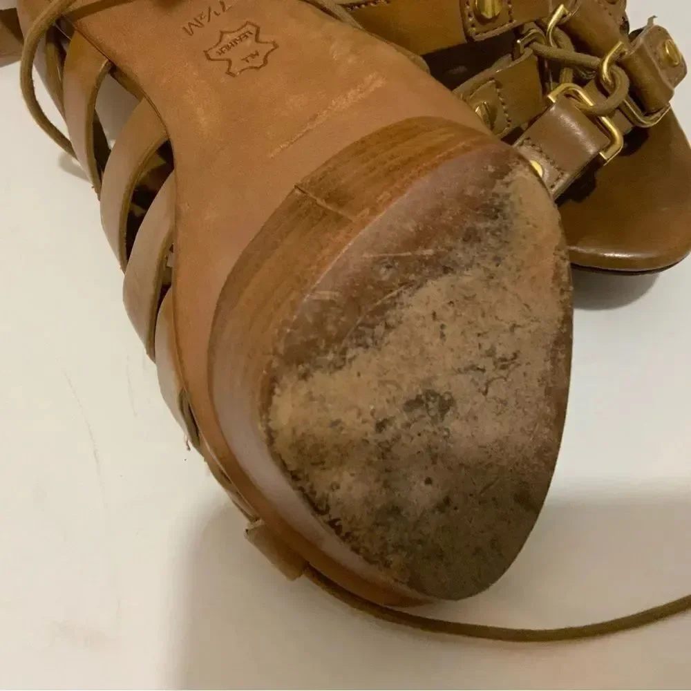 Tory Burch Gladiator Lace Up studded gold platform sandals Tan size 7.5 M